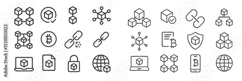 Collection of blockchain and cryptocurrency icons in minimalistic design featuring various symbols and elements