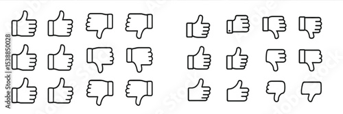 Collection of thumbs up and thumbs down icons presented in simple outlines for visual feedback representation