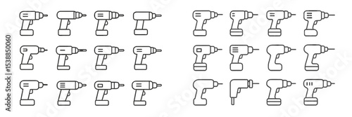 Variety of electric drills arranged in rows, showcasing different designs and styles for various applications
