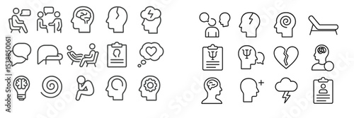 Various mental health icons representing therapy, emotions, and psychological concepts in a detailed illustration
