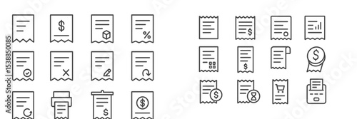 Collection of simple line icons depicting various financial documents and receipts for use in design and illustration projects