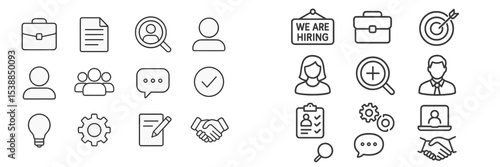 Collection of hiring and job search icons illustrating various aspects of recruitment process and professional networking