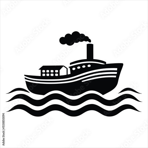 Steamship vector illustration with black silhouette boat sailing on wavy ocean for travel and maritime concept