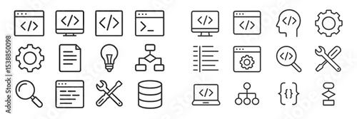 Various icons representing programming, data, and computer activities in a modern and minimalistic design