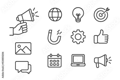 Visual representation of marketing concepts featuring megaphones, icons of communication, and technology elements