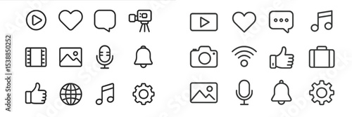 Collection of simple vector icons representing multimedia activities and social interactions with a modern design