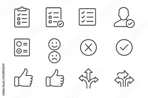 Checklist symbols and icons depicting task completion, user feedback, and decision-making in a simple design