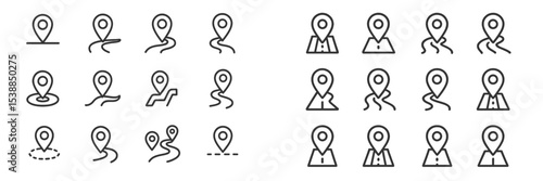 Multiple location marker icons designed for navigation and mapping applications with varied styles and orientations