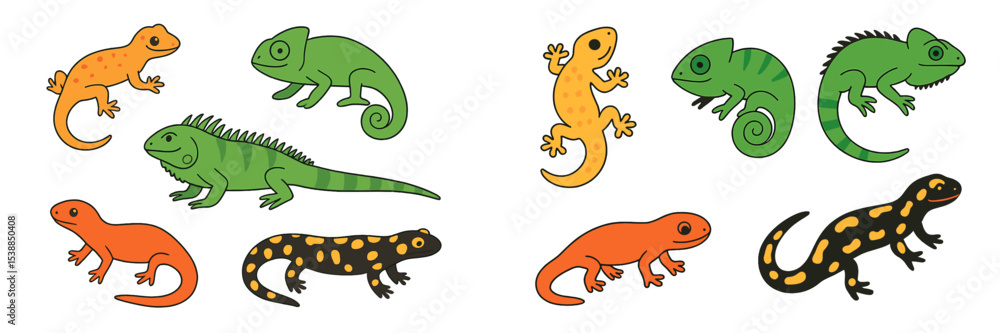 Colorful lizards and salamanders display various species in a playful arrangement on a white background Colorful lizards and salamanders display various species in a playful arrangement on a white background