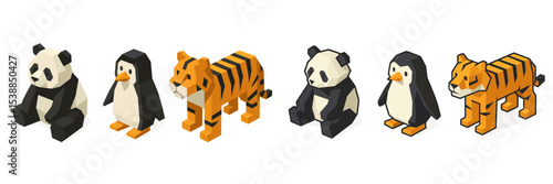 Colorful wooden animal figurines displaying playful designs of pandas, penguins, and tigers in a stylized arrangement