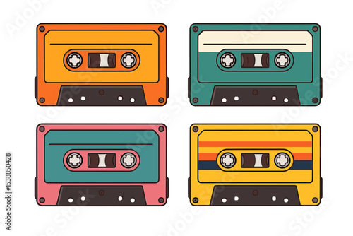 Colorful cassette tapes arranged in a grid showcasing retro music storage from the 1980s and 1990s in a vintage style