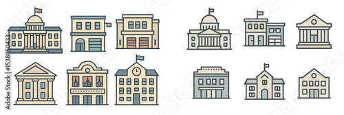 Collection of various government buildings displayed in a minimalist style with flags, highlighting architectural diversity