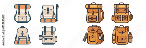 Various styles of outdoor backpacks suitable for camping and hiking activities displayed on a light background