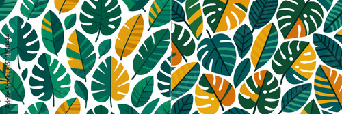 Vibrant tropical foliage pattern showcasing lush leaves in various shapes and shades in a contemporary design