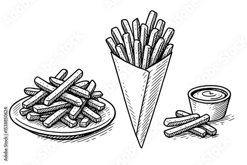 Crispy fried potatoes served in various styles with a creamy dip and on a plate in a casual setting