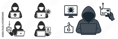 Illustrations of cybercrime activities including hacking, phishing, and malware attacks depicted in a digital format