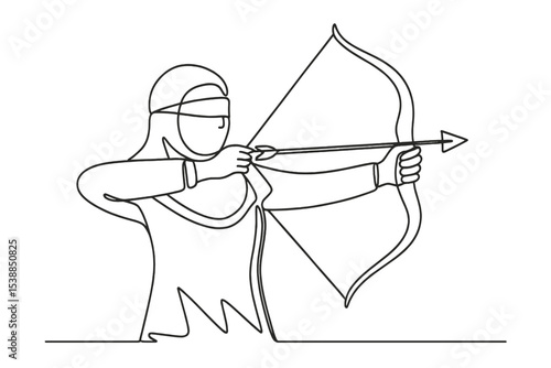 Archer aiming with a bow under blindfold in a minimalist line art style showcasing focus and precision
