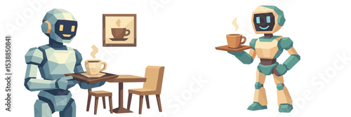 Robots serving coffee in a modern cafe during a sunny afternoon in an illustration