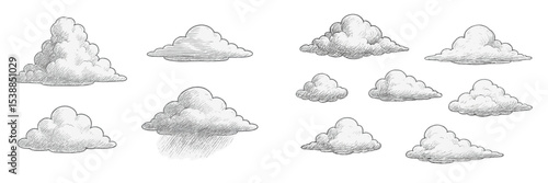 Collection of hand-drawn cloud illustrations showcasing various shapes and styles in a simple, artistic design