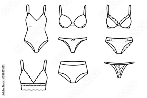 Various lingerie designs showcased in a simple, minimalistic illustration featuring swimwear and undergarments