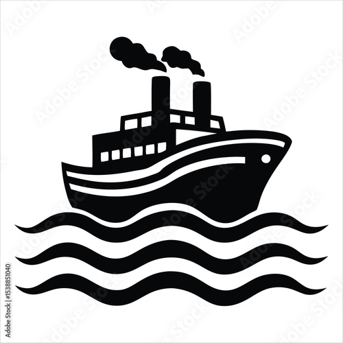 Steamship vector illustration with black silhouette boat sailing on wavy ocean for travel and maritime concept
