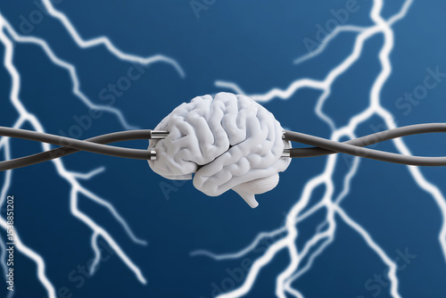 Conceptual brain with electric wire and lightning bolts, depicting how mental health is affected by power overload