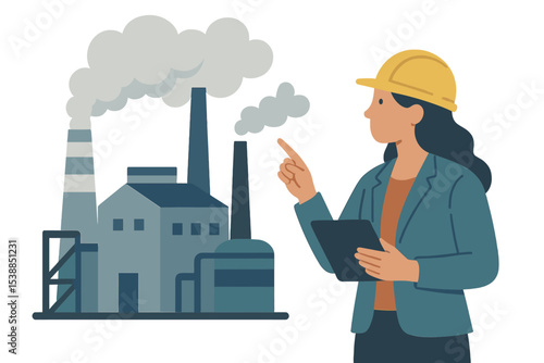 Engineer assesses industrial plant operations while holding a tablet and pointing out key areas for improvement during daytime