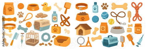 Assorted pet supplies and accessories for dogs and cats on a white background showcasing various shapes and sizes