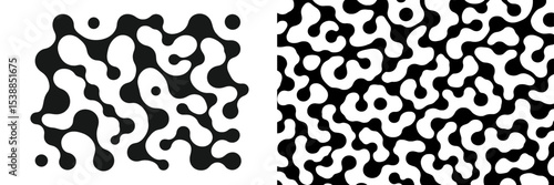 Abstract pattern design with black and white shapes in a dynamic arrangement showcasing fluidity and movement in art