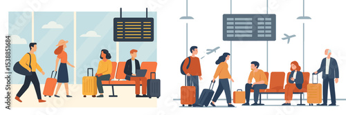 Busy airport terminal with travelers waiting for flights during daytime hours in a modern setting