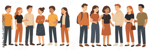 Groups of young adults engaging in conversation and socializing in a casual setting during daytime interactions