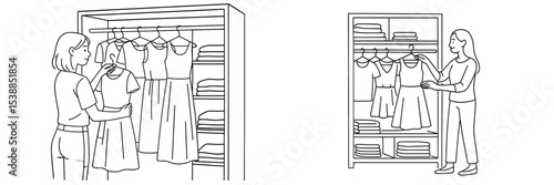 Organizing a wardrobe with stylish dresses and neatly folded clothes in a cozy bedroom