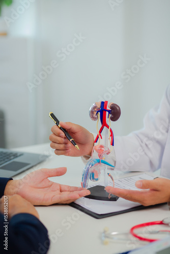 Female doctor gives advice and explanation to testicular cancer patient and in examination room using male genital anatomy model and blood pressure measurement. Healthcare and medical concept.