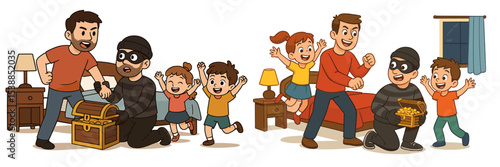 Characters in a playful heist game with children enjoying a treasure discovery in a cozy living room setting