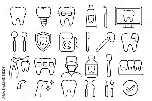Line art illustrations showcasing dental tools, procedures, and dental care products for a comprehensive understanding of oral health
