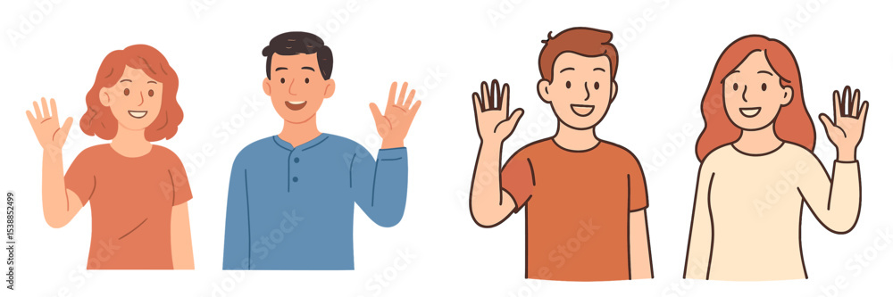 Friends waving hello in a cheerful greeting with bright facial expressions and vibrant clothing Friends waving hello in a cheerful greeting with bright facial expressions and vibrant clothing