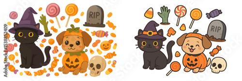 Cute Halloween themed illustrations of cats and dogs dressed in costumes with candies and spooky decorations