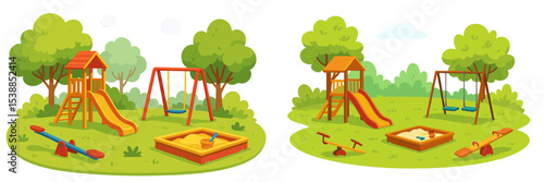 Colorful playground with slides, swings, and sandboxes in a lush green park during a sunny day