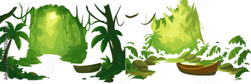 Lush green jungle scene with a calm river and a small boat under bright sunlight in a tranquil setting