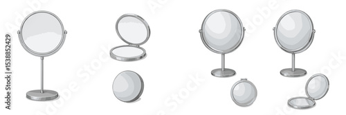Different styles of round mirrors displayed on a white background in a showroom setting