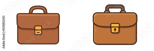 Brown leather briefcases displayed side by side with a lock feature and a simple flap closure