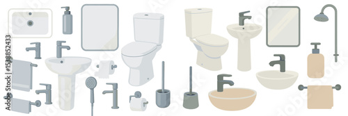 Bathroom fixtures and accessories displayed in a modern design layout featuring various sinks, toilets, and shower elements