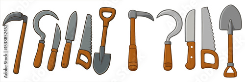 Collection of gardening tools on a white background showcasing various essential implements for outdoor work