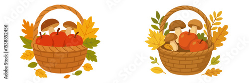 Autumn harvest baskets filled with apples and mushrooms in a colorful seasonal setting