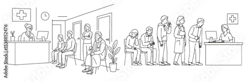Health care center waiting area with patients and staff engaged in various activities during daytime visit