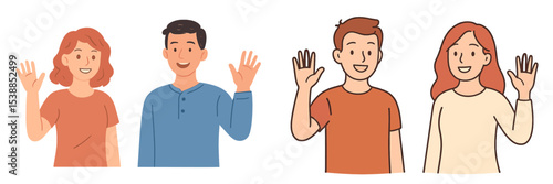 Friends waving hello in a cheerful greeting with bright facial expressions and vibrant clothing