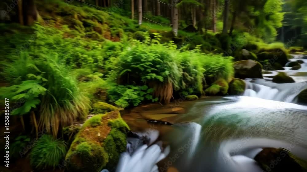 Cascading stream flowing through a vibrant green forest with mossy rocks and lush foliage in nature, long exposure photography Cascading stream flowing through a vibrant green forest with mossy rocks and lush foliage in nature, long exposure photography