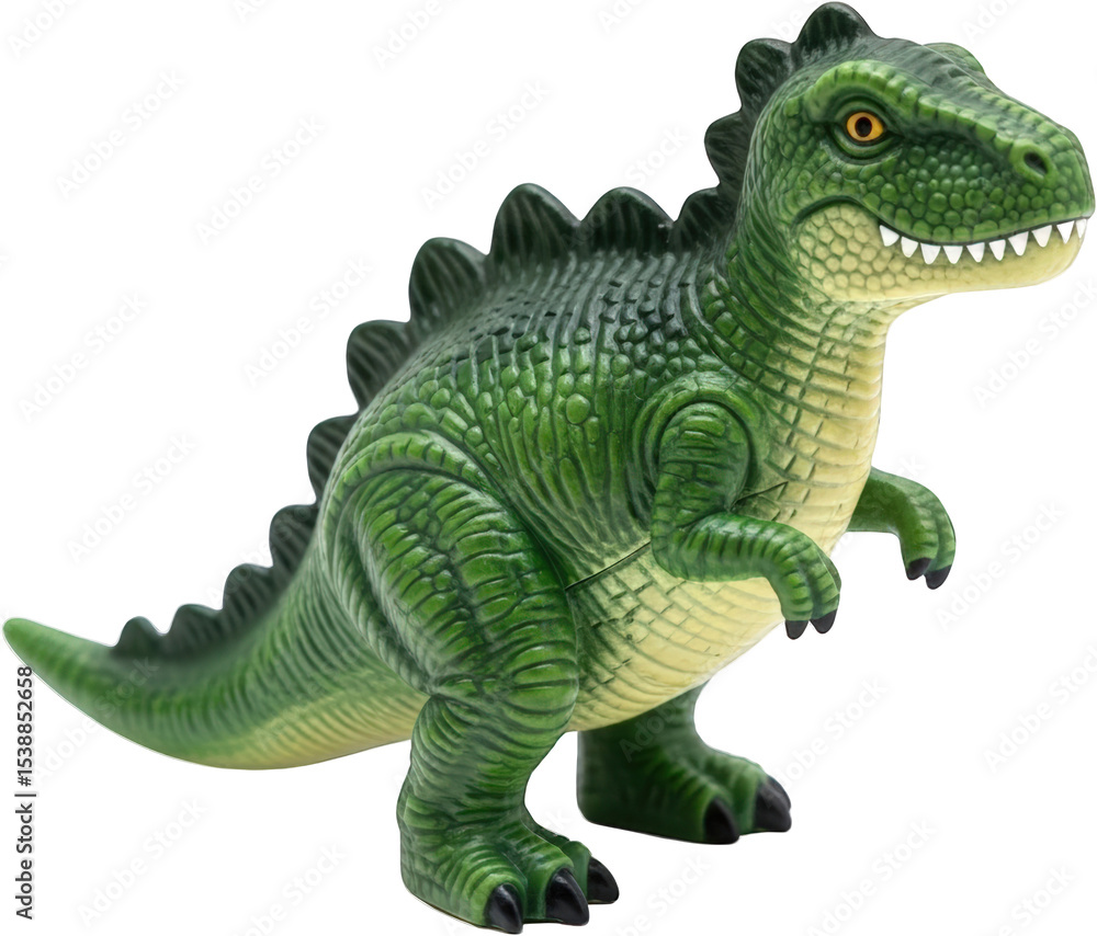 Fototapeta premium Green dinosaur toy standing pose textured skin detail Isolate Reptile Prehistoric