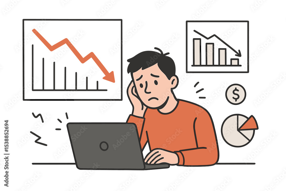 Frustrated man analyzes declining financial reports at his desk during a workday Frustrated man analyzes declining financial reports at his desk during a workday