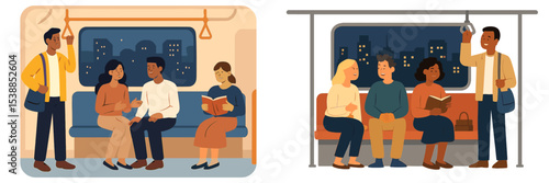 Friends enjoy evening commute in subway with smiles, books, and conversations on the way home